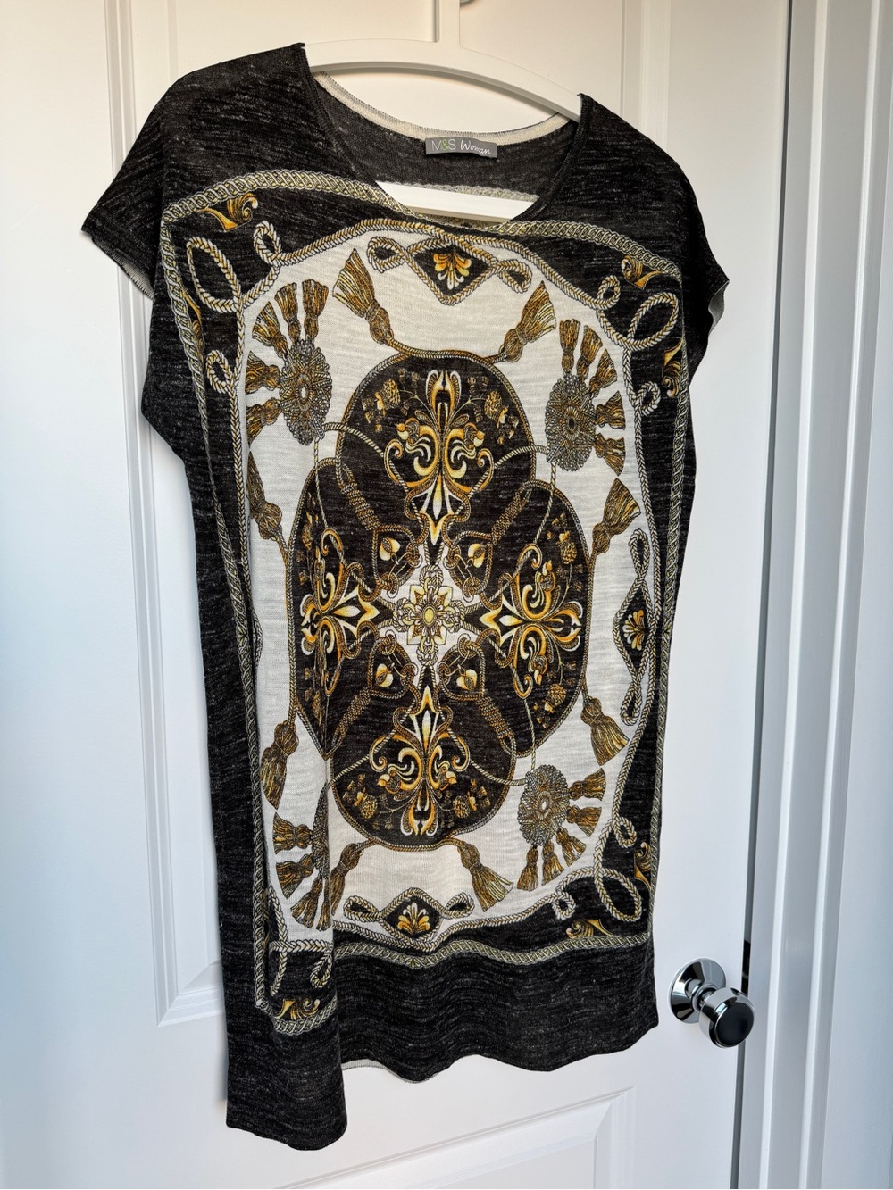 Y2K Grunge Tunic Top with Ornate Gold Medallion Print